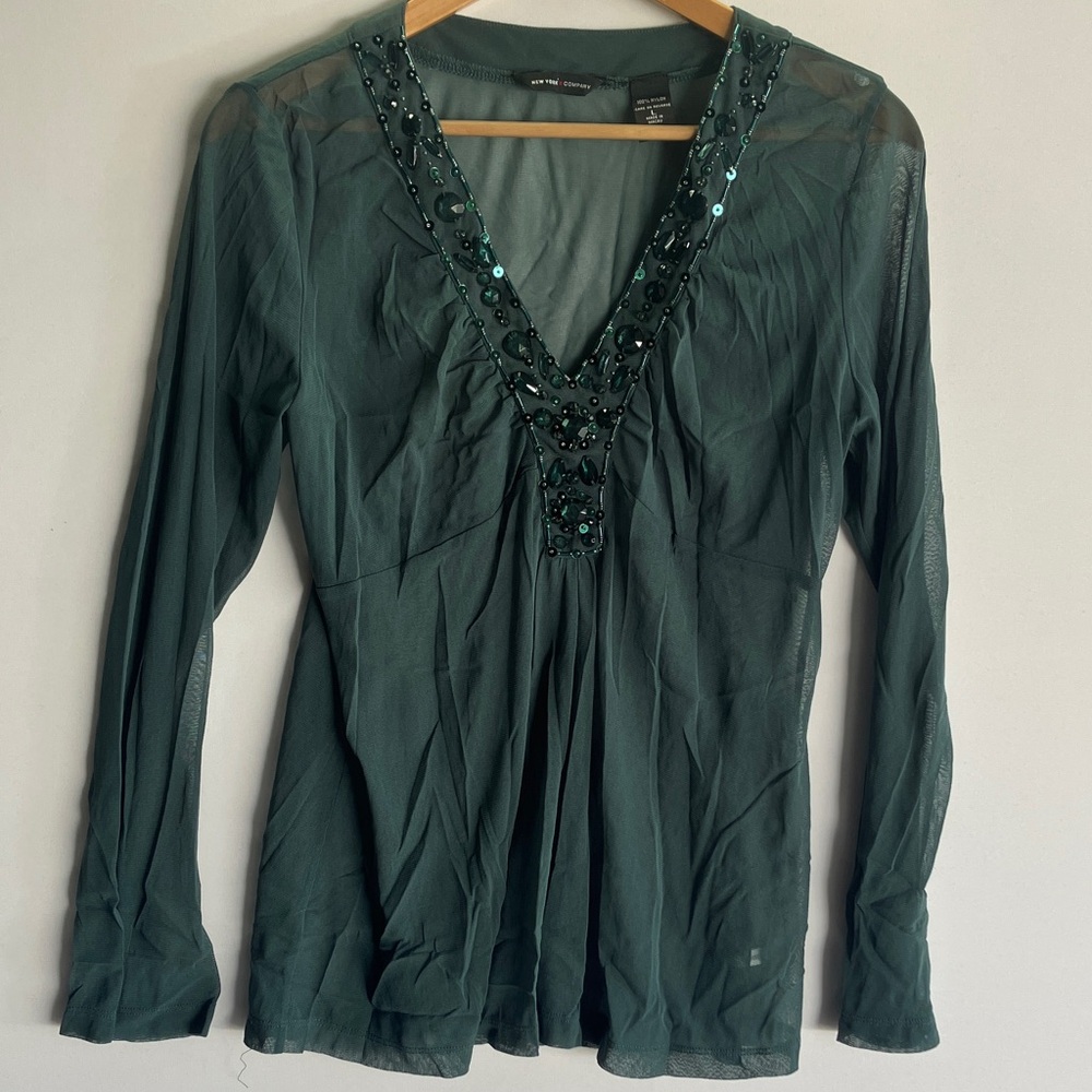 New York & Company Teal Embellished V-Neck Blouse